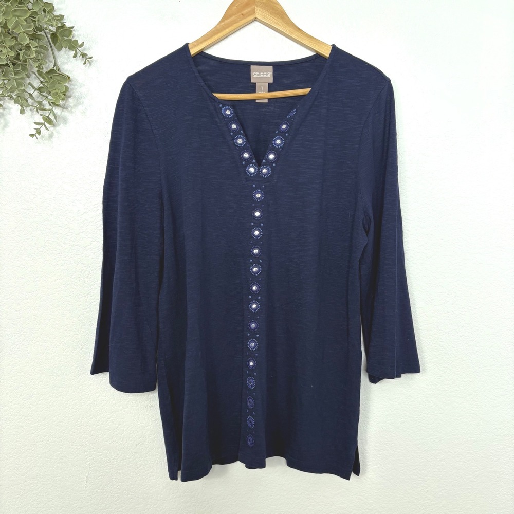 Chicos V Neck Embroidered Tunic Top Navy Blue 3/4 Sleeve Women's‎ Size 1